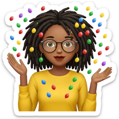 Black female with dark dreadlock hair wearing large round glasses and a yellow top celebrating with confetti sticker