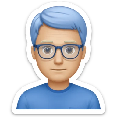 portrait of US man, wearing a blue shirt, square glasses, blonde hair sticker