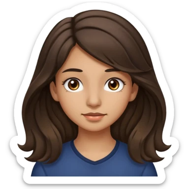 Create a emoji of a girl teen (14 years old) with dark brown hair and a little bit lighter brown in the end of the hair (but mixed) and waves in the hair, long hair, with MEDIUM FAIR TO OLIVE skin tone, dark brown eyes, perfect nose, long eyelashes sticker