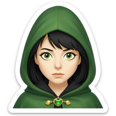 claudia winkleman as a traitor with a green hooded cloak with a gold clasp and dark strong black eyeliner sticker