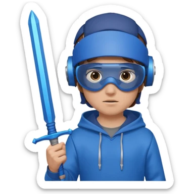 a boy with brown hair, a blue vr headset. a blue hoodie and a blue sword and remove the cap sticker