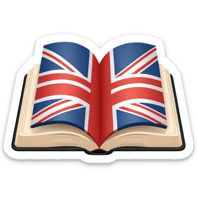 Minimalistic flat vector icon, iOS style, thin black contour on white background. Open book with a small UK/USA flag symbol. No text, no shadows. sticker
