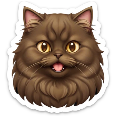 Cinematic Adorable Big-Eyed Fluffy Dark Brown Persian Cat Portrait Emoji, Head tilted playfully with a cute, exaggerated yawn, fluffy dark brown fur with rich caramel and gold undertones, Simplified yet irresistibly cute features with large, expressive eyes, highly detailed, glowing with a warm and gentle glow, high shine, a mix of affectionate and sleepy, stylized with a touch of whimsy, bright and full of charm, soft glowing outline, capturing the essence of a fluffy, loving kitty yawning in the most adorable way, so endearing it feels like it could leap out of the screen and stretch out for a cuddle! sticker