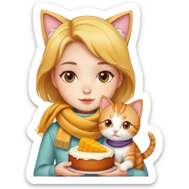 A beautiful girl holding a mango cake and a cute kitten wearing a scarf sticker