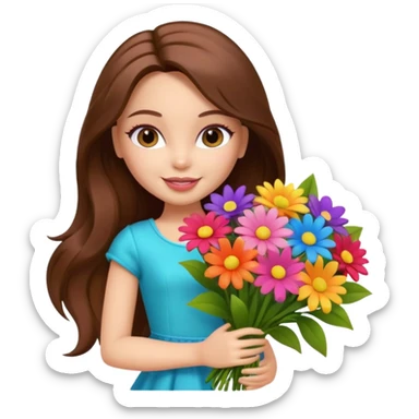 pretty bratz doll, long brown hair holding big bouquet of flowers posing sticker