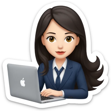 Sales women specialist in shipping with dark long hair with suits and MacBook  sticker