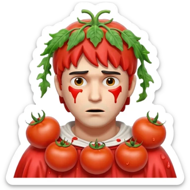 tragic stage performer portrait, head and shoulders only, tomatoes thrown at him, sad embarrassed face, messy costume, cinematic lighting, 3D cartoon, mobile game icon style, clean background, no text, no watermark
 sticker