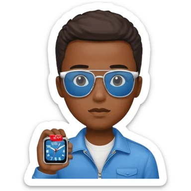 Un garçon noir avec des lunettes de soleil un peu bleu avec un cadran plutôt carré et SANS QU’ON VOIT SES YEUX. Et au dessus de sa tête il y a écrit BOUSS sticker