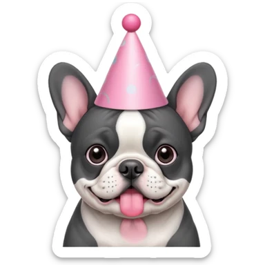 french bulldog with a birthday hat and black and white and grey coloring. please make it emoji style please. also please make the dog have a pink hat sticker