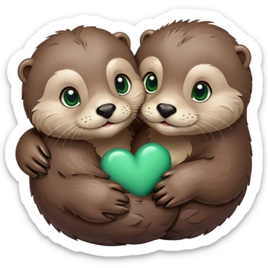 Otter with green eyes and an otter with brown eyes hugging with a heart  sticker