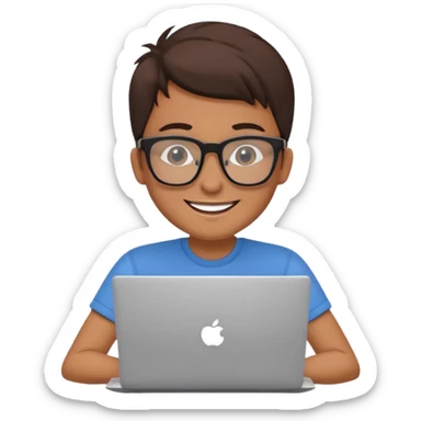 designer with tan skin and square glasses using a laptop, cheerful expression sticker
