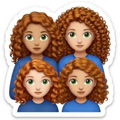 Make me 3 girls. One with medium size curly ginger hair, white skin and green eyes,  one with long curly dark brown hair with a little just a little darker skin and brown eyes,  and one with white skin and straight dark blonde hair and blue eyes  sticker