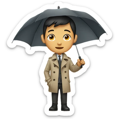 Asian boy wearing a trench coat holding umbrella sticker