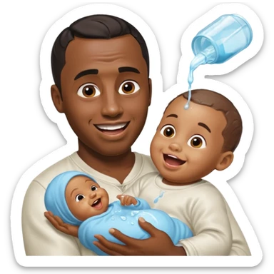 Sean “Diddy” Combs with baby oil and a very small infant and he’s pouring the baby oil on the infant that is laughing with a very exaggerated expression sticker