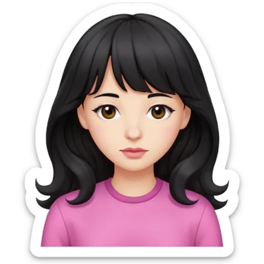 wavy long black hair with bangs, small lips, downturned black eyes, small large nose, pink clothes  sticker
