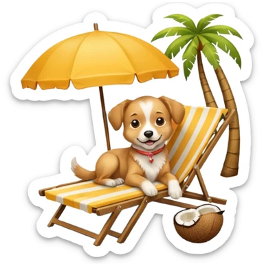 a dog laied on a beach chair, a sunny beach, a sun umbrella, and beach coconut trees. the icon should capture the essence of a relaxing beach vacation with a carefree atmosphere sticker