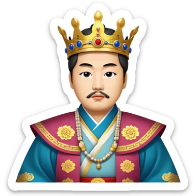 Cinematic Realistic King Sejong Portrait Emoji, depicted as a wise benevolent monarch in traditional Korean royal attire with a thoughtful gaze, rendered with intricate textures and regal soft lighting that captures his historical significance. sticker