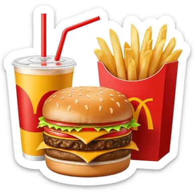 make a Luxe Cheeseburger Meal combo with cold drink inside that a straw and some ice cubes and beside some McDonald's fries box inside some thick fries

 with a angle to 15–20° gentle bird’s-eye angle  sticker