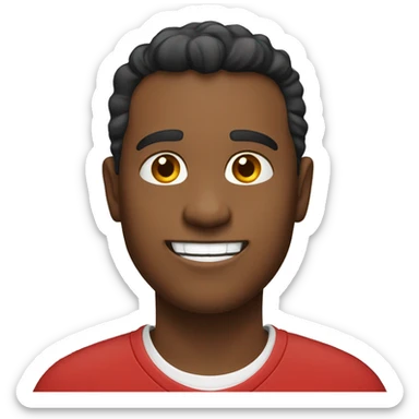 smiling solo in red shirt with white letters sticker