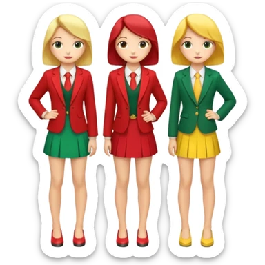 One high school girl in a red blazer and a red skirt, another in a green blazer and a green skirt, and another in a yellow blazer and a yellow skirt. They are all facing to the back and posing. sticker