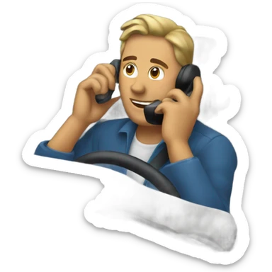 A man driving talking on the phone and having a coffee sticker