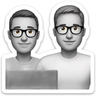 two tech guys with specs working on a laptop sticker