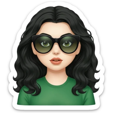 current charli xcx with her long black wavy hair, thick black sunglasses, pale skin, and a green top that said brat in the brat font. sticker
