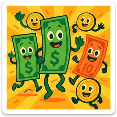 money, playful cartoon style, colorful, lively sticker