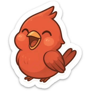Chibi red male cardinal laughing with eyes closed and beak wide open, soft glowing cheeks, cozy cartoon emoji. sticker