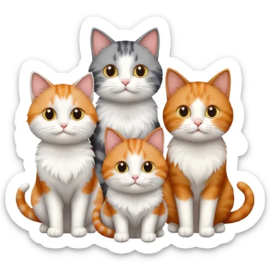 6 cats with different coloured coats, 2 are grey and white, 1 is grey with a little white, 1 calico, 1 brown tabby and white and one ginger and white sticker