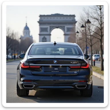 BMW Series 7 2022, rear angle, photorealistic, in front of a recognizable Bucharest landmark, blurry background, blurred number plate, highly realistic sticker