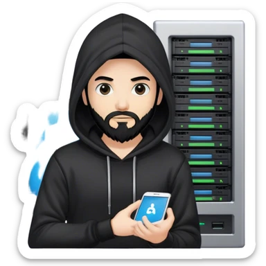 hackeur blanc cheveux noir barbe et capuche noir à côté d'un server ia sticker