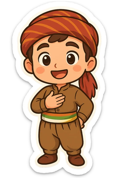 cartoon sticker of a Kurdish boy in traditional clothing, hand on chest (salute) pose, open smile, colorful and cheerful, no text, suitable for WhatsApp and Instagram sticker