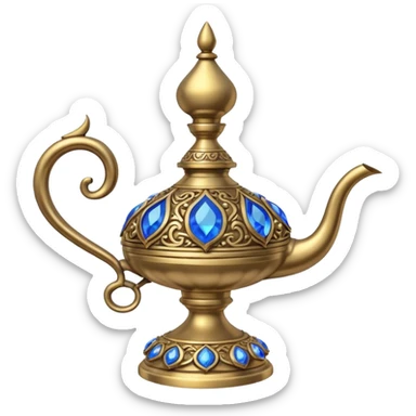 a genie lamp with blue gems and a DD carved sticker