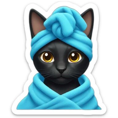 black cat with a blue towel on his head after a shower sticker