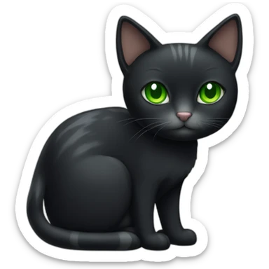 A black cat with green eyes with a white mustache, a white stripe on its nose, a full-length white breast and white paws sticker
