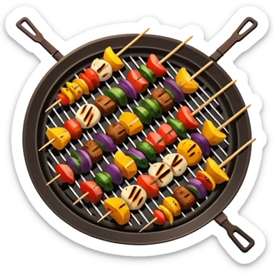 Grilled dishes avatar in bright emoji-style illustration. Skewers, BBQ, and grilled vegetables, warm fire tones, simple shapes, flat design, high contrast, tasty and inviting. sticker