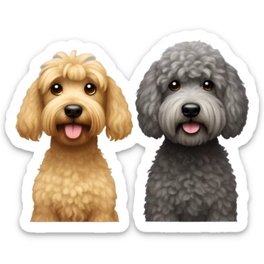 2 dogs, one is a dark grey whoodle with a poodle cut, the other is a wheaten terrier sticker