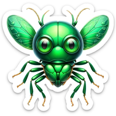 Cinematic Cute Green Bugdie Portrait Emoji, Head tilted playfully and inquisitively, featuring a glossy, vibrant emerald exoskeleton with intricate patterns, round, sparkling multifaceted eyes filled with curiosity, Simplified yet irresistibly adorable features, highly detailed, glowing with a warm, friendly glow, high shine, affectionate and lively, stylized with a touch of whimsy, bright and endearing, soft glowing outline, capturing the essence of a mischievous yet charming bug, so playful it feels like it could buzz out of the screen and into your arms! sticker