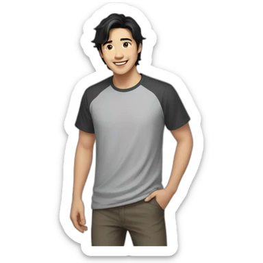 guy, black hair, medium length hair, in his 20s, very asian, smiling, t-shirt only, slight brown skin, dark brown eyes, slighty wavy hair sticker