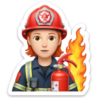 red haired Firefighter with respiratory protection with fire extinguisher sticker