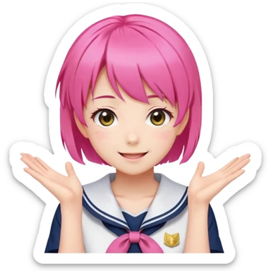 Anime girl with short bright pink hair wearing Japanese sailor style school uniform, composed posture with hand on hip but with excited smile and sparkling eyes, happy expression sticker