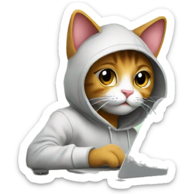 cat is a graphic designer in a hoodie and headphones, working at a computer in photoshop sticker