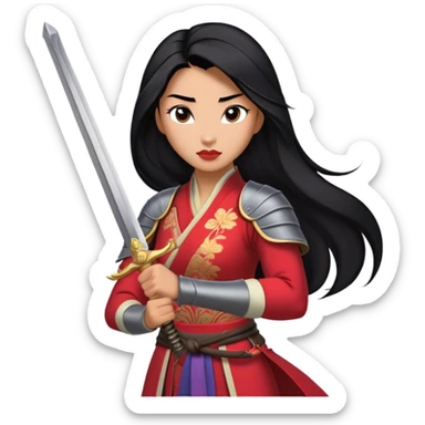 Cinematic Realistic Mulan Portrait, depicted with lifelike skin texture, soft natural lighting, and intricately detailed long black hair styled elegantly. Her deep, expressive eyes exude determination and grace, complemented by a serene yet confident expression. She stands with one hand resting on the hilt of her sword, the other by her side, exuding strength and poise. She is dressed in her classic attire, with rich fabric textures and delicate folds that catch the light beautifully. The portrait features a soft, enchanting glow with a natural, radiant finish, capturing the essence of timeless strength and beauty in a realistic and painterly style, evoking a sense of depth and authenticity. sticker