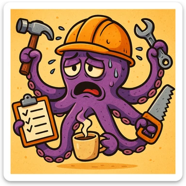 A stressed, tired worker in a helmet, illustrated as an octopus. Each tentacle is busy: one with a hammer, one with a checklist, one with a wrench, one with a saw, and one with coffee. The worker looks like he can't keep up, expressive and colorful cartoon style. sticker
