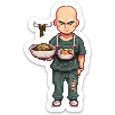 Pixel art thug in tracksuit, holding chain in Hand, bald head, angry expression, side view, retro arcade sprite 
Takes a plate of noodles in hand.  sticker