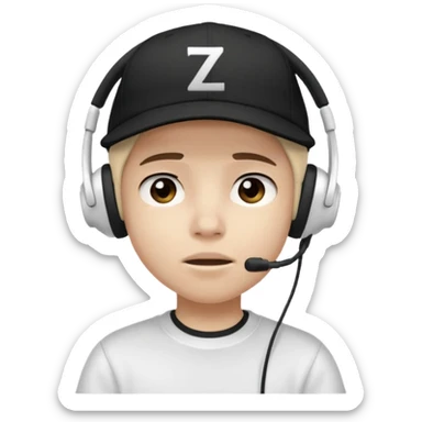 Adolescente com fone branco no ouvido é um boné preto, com uma carinha de sono e uns z z z sticker
