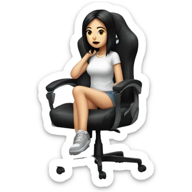 white (black hair) girl on a big gaming chair thinking  sticker