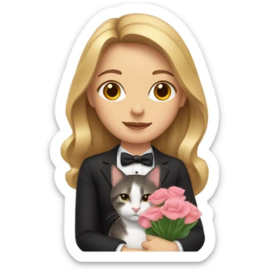 woman with long dark blonde hair holding a tuxedo cat and flowers sticker