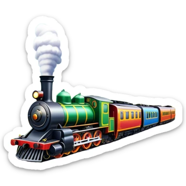An icon showing a vibrant PC game train simulator scene with a steam locomotive traveling through a colorful countryside. The design features lush landscapes, winding tracks, and detailed railway elements, symbolizing the strategy and creativity of simulation games. Transparent background sticker
